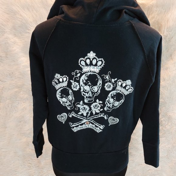 Victoria's Secret Jeweled Diamond Skull Cropped 3/4 Sleeve Hooded Zip Sweatshirt - Picture 2 of 10